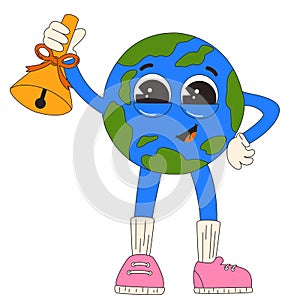 Earth planet groovy character. Globe with a bell in hand. Back to school.