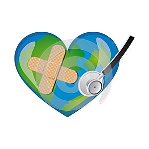 earth planet heart with stethoscope and band aid icon