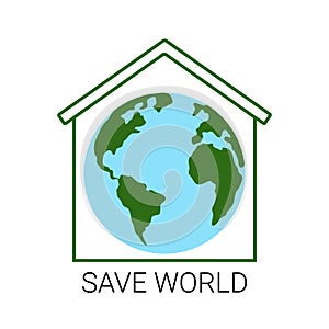 Earth planet in house with roof. Flat global Earth icon. Vector simple illustration of eco environment with text save