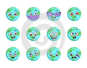 Earth planet icons set with different emotions, medical mask and goggles. World Earth Day