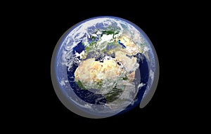 Earth planet isolated on black. Science fiction fictional cosmic background with earth globe with NASA earth textures