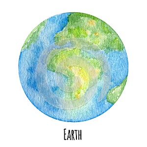 Earth Planet of the Solar System watercolor illustration. Globe Symbol, World map, ecology green Earth day concept on photo