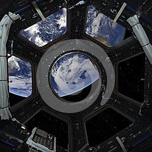 Earth planet in space ship window porthole