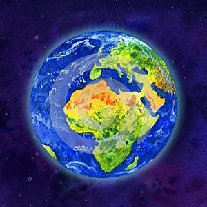 Earth planet in space view of Africa and Europe - hand drawn watercolor illustration