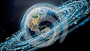 Earth planet surrounded by glowing digital network connections and data streams representing global connectivity and technology