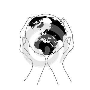 Earth planet in two hands top view hand drawn sketch monochrome art design elements stock vector illustration