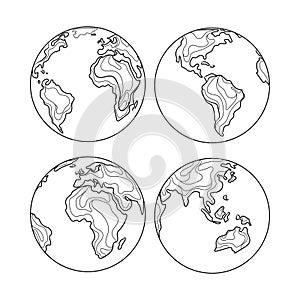 Earth planet vector sketch set illustration.Abstract art Earth globe collection for logo,icon,sign, drawing of world map