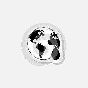 Earth planet and water drop sticker icon isolated on white background