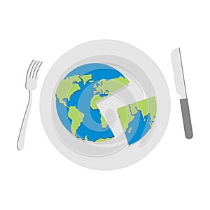 Earth on plate. Globe cut with a knife. Cutlery: knife and fork.