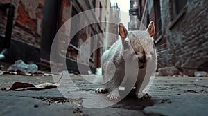 Earth pollution, dirty air, degraded city, dim light, alley, little white squirrel looking for salvation, AI generated