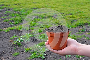 Earth pot in the farmers hand. Working in the garden at the cottage