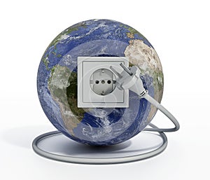 Earth with power socket and plug. 3D illustration