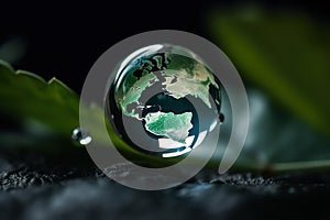 Earth reflection inside rain drop on green leaf, flat top view. Generative AI