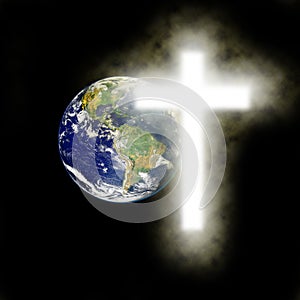 Earth with religious cross with black background