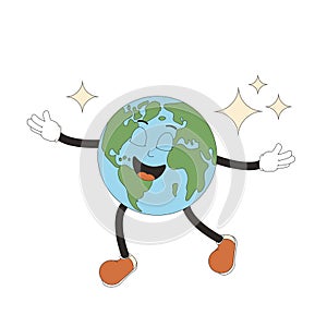 Earth in retro mascot style. Cute planet character flying with closed eyes isolated on white background. Vector globe with face