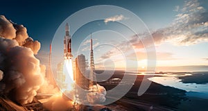 Earth\'s Spaceport. Stunning sunrise panorama. View of spaceship Launch from Earth. rocket banner design with copy spase