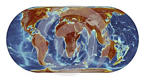 Earth's topography represented with real data from ETOPO1. Eckert IV projection