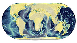 Earth's topography represented with real data from ETOPO1. Eckert IV projection. Palette: relief