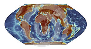 Earth's topography represented with real data from ETOPO1. Eckert VI projection