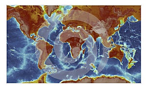 Earth's topography represented with real data from ETOPO1. Mercator projection.