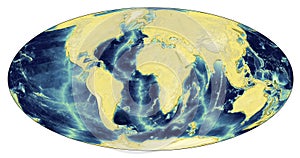 Earth's topography represented with real data from ETOPO1. Mollweide projection. Palette: relief.