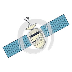 Earth satellite network provider banner. Communication satellite with solar panels and dish with the antenna.