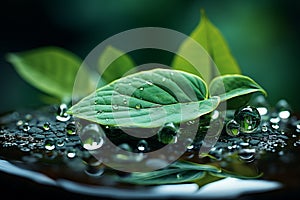Earth saving symbolism green leaf and water drop unite for environmental concept