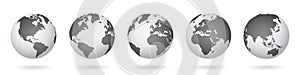 Earth set icons, 3D Globes with World Maps, set Earth globe hemispheres with continents, view from different positions, World maps