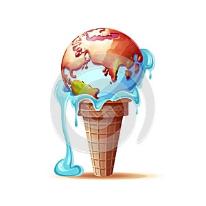 Earth Shape icecream ball melting. Concept of global warming. Created with generative AI