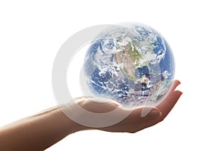 The earth shines in woman's hand. Concepts of save the world, environment etc.