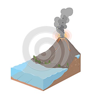 Earth slice with ocean and volcanic eruption. Vector Landscape illustration, isolated on white.