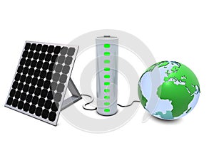 Earth, solar panel and battery