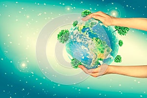 Earth from Space in hands, globe in hands Best Internet Concept of global business from concepts series. Elements of