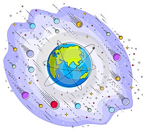 Earth in space, our planet in huge cosmos surrounded by meteorites, asteroids and stars. Cartoon science universe. Thin line 3d v