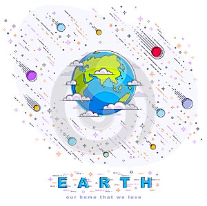 Earth in space, our planet in huge cosmos surrounded by rockets, asteroids and stars. Cartoon science universe. Thin line 3d