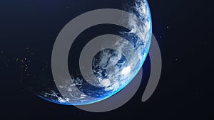 Earth in space view with shining sunrise in universe and galaxy background. Nature  and World environment concept. Science and