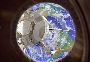 Earth in spaceship international space station window porthole