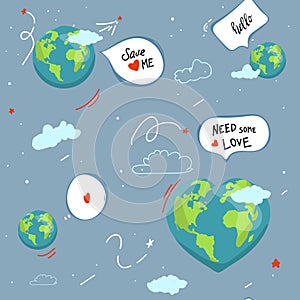 Earth. speech bubble Cartoon globe. web icons green happy nature character. love ecology earth planet world map seamless