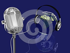 Earth sphere with headphones and retro mic,music concept