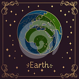 Earth. Stylized illustration of Earth in hand drawing style. The symbols of astrology and astronomy