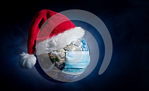 Earth With Surgical Mask and Santa Hat - Virus Infection Covid 19 - World with Coronavirus - Christmas Concept 3D Illustration