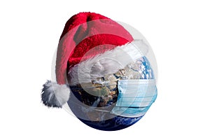 Earth With Surgical Mask and Santa Hat - Virus Infection Covid 19 - World with Coronavirus - Christmas Concept 3D Illustration