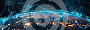 Earth surrounded by advanced perceptron network lines spreading across the globe photo