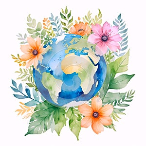 Earth surrounded by flowers and leaves against white background, watercolor illustration. concepts: environment art