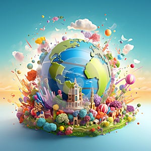 Earth surrounded by tourist attractions. Travel