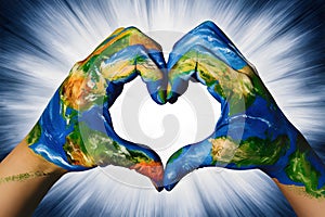 Earth themed hands forming a heart, symbolizing love for the planet Detailed topography on Earth