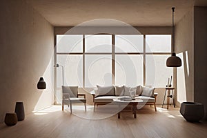 Earth Tone Inspired Modern Living Room Interior with Spring Sunlight Coming Through Modern Windows