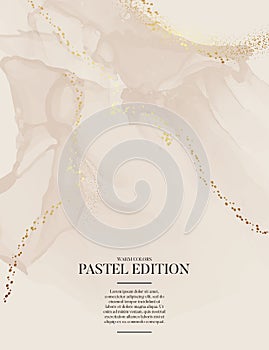Earth tone pastel beige splatter background with golden foil. Marble liquid in gentle skin tones flow. Abstract vector background