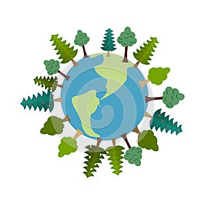 Earth and trees. Green Planet. Vegetation on land. Forest map. e