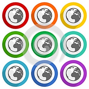 Earth vector icons, set of colorful flat design buttons for webdesign and mobile applications